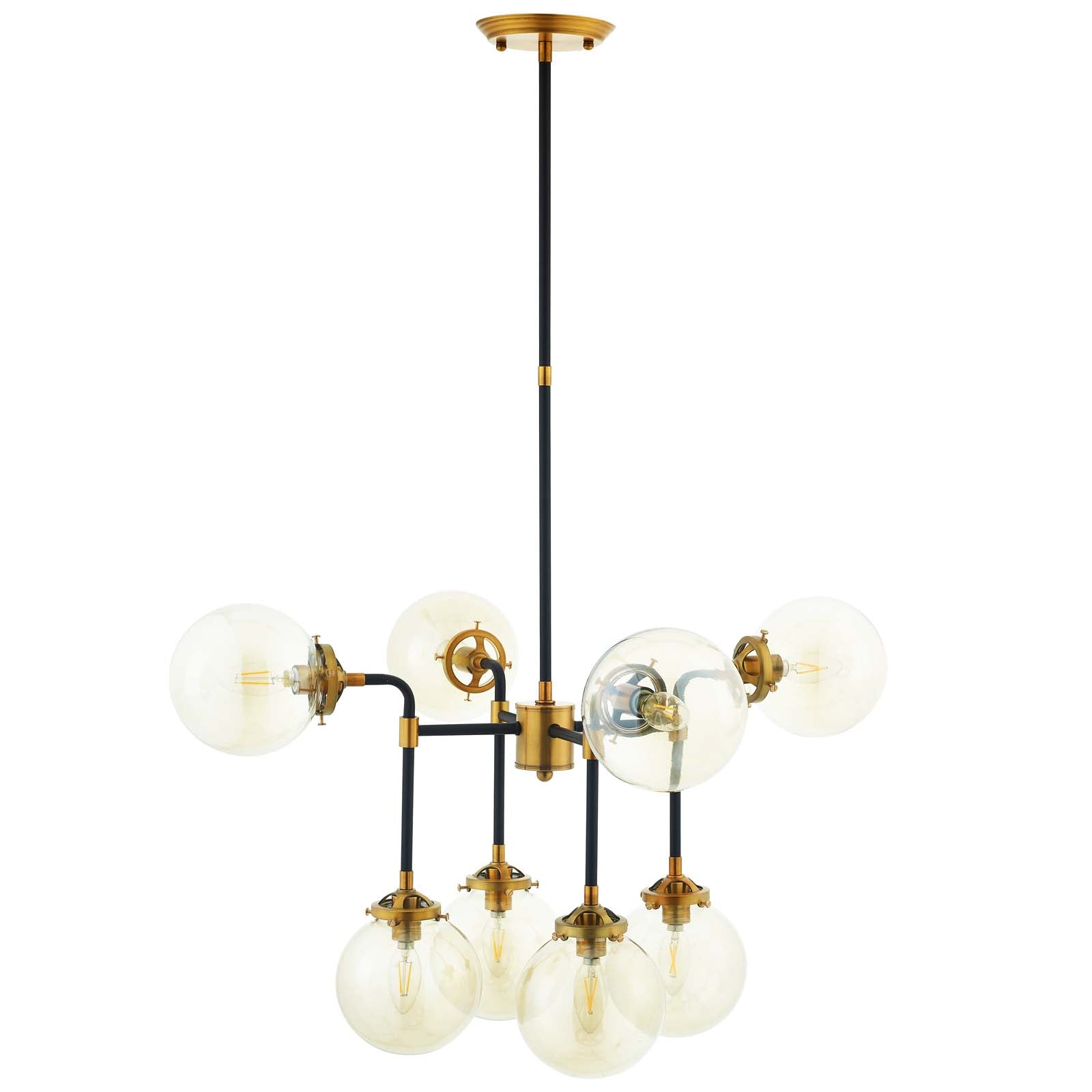 Ambition Amber Glass And Antique Brass 8 Light Pendant Chandelier by Modway