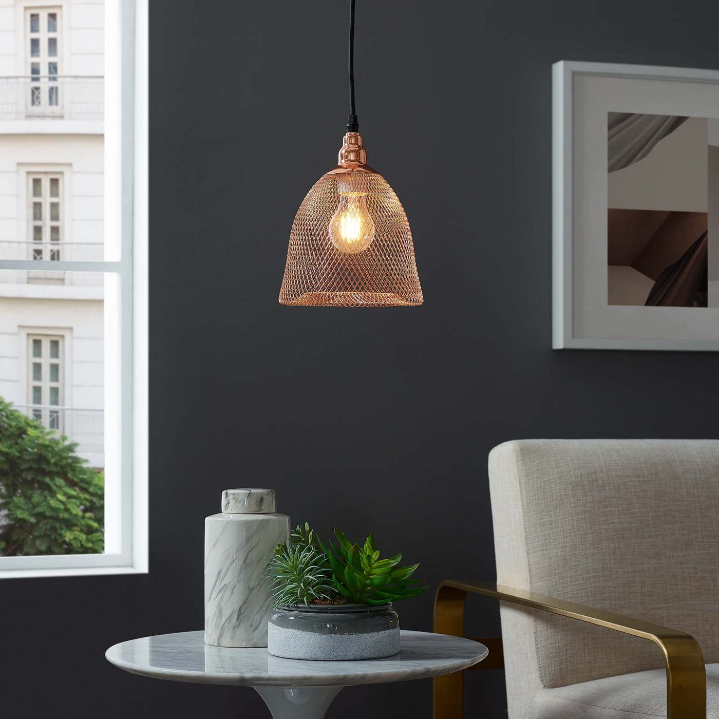 Glimmer Bell-Shaped Rose Gold Pendant Ligh by Modway