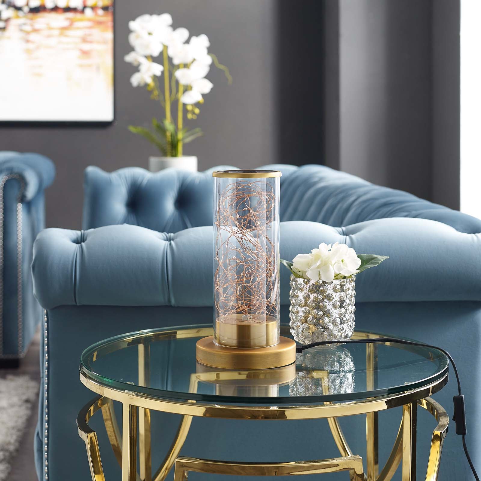 Adore Cylindrical-Shaped Clear Glass And Brass Table Lamp by Modway