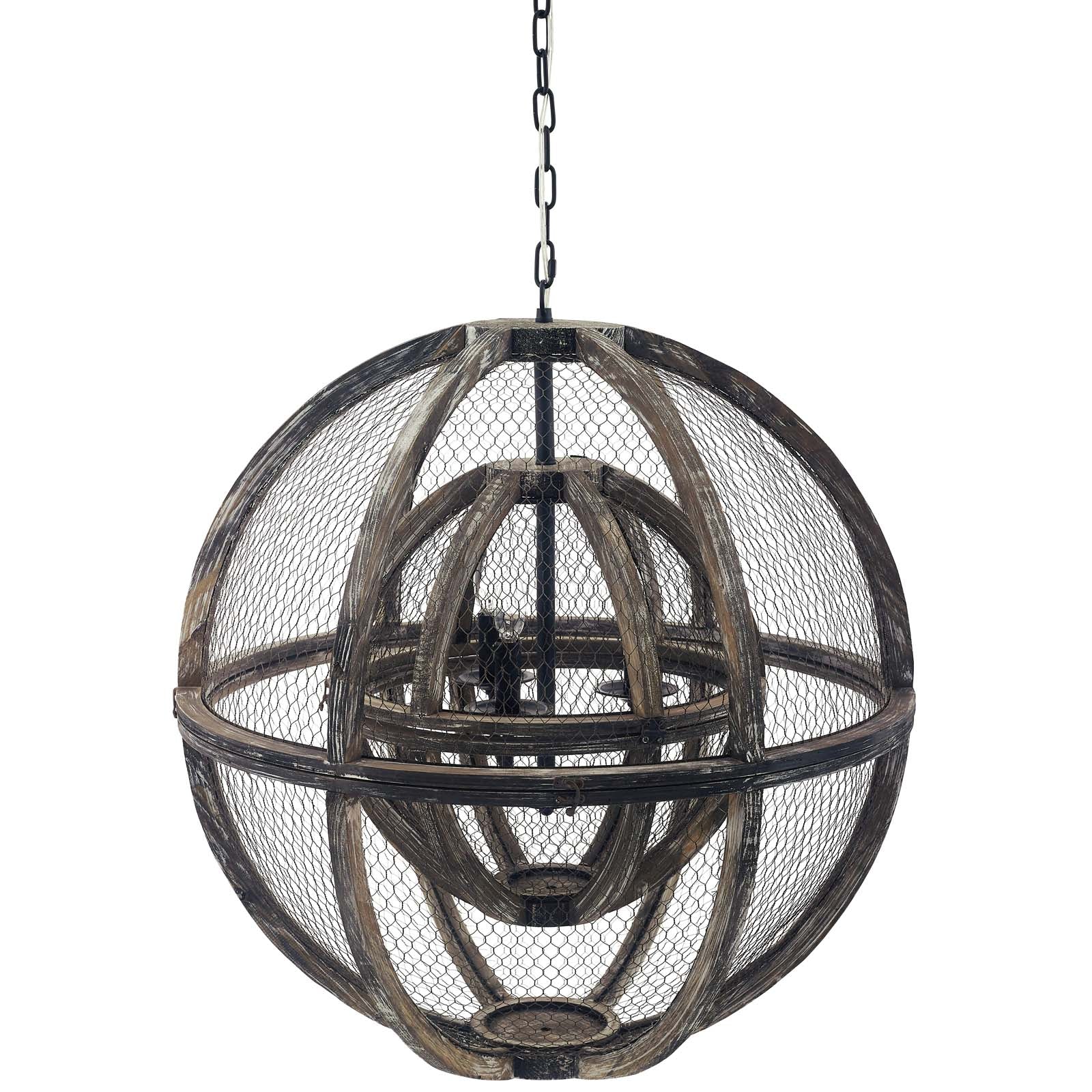 Gravitate Globe Rustic Oak Wood Pendant Light Chandelier by Modway