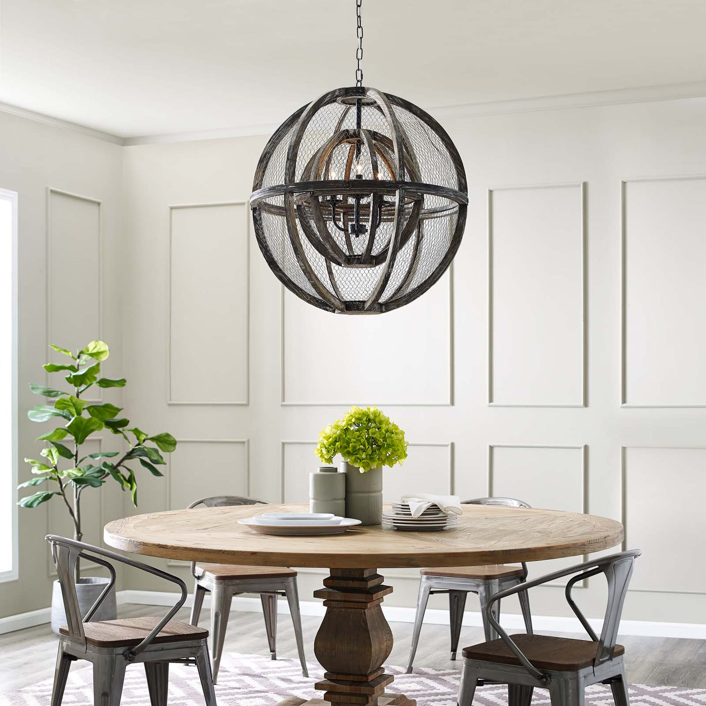 Gravitate Globe Rustic Oak Wood Pendant Light Chandelier by Modway