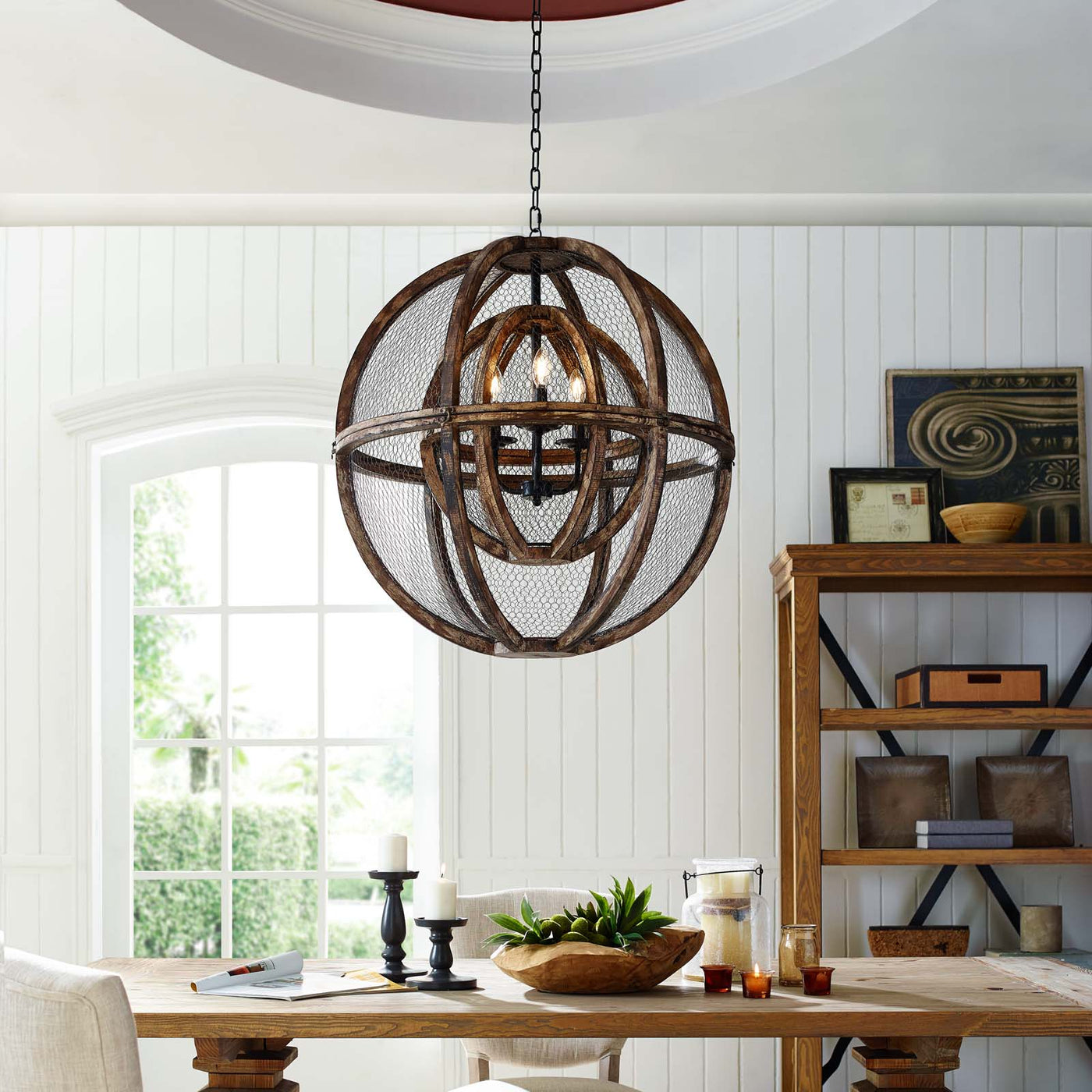 Gravitate Globe Rustic Oak Wood Pendant Light Chandelier by Modway