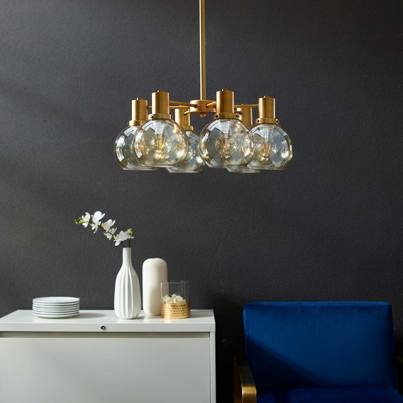 Resound Amber Glass And Brass Pendant Chandelier by Modway